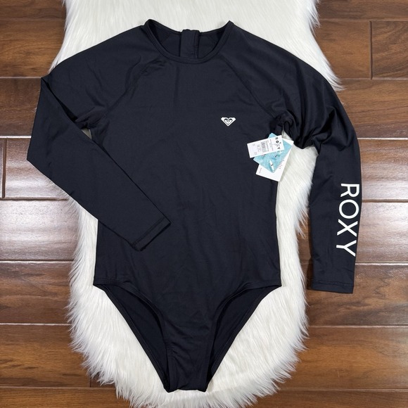 Roxy Womens Size Large Black Back Zip Long Sleeve Rashguard One Piece Swim Suit